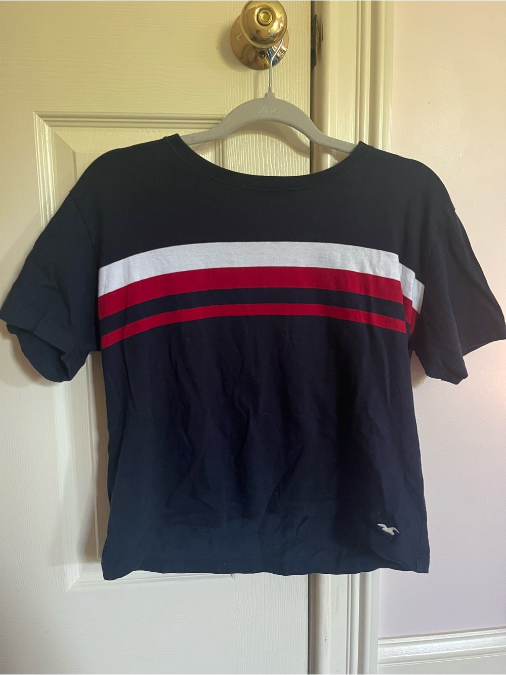 Hollister Navy Crop Top with White and Red Stripes